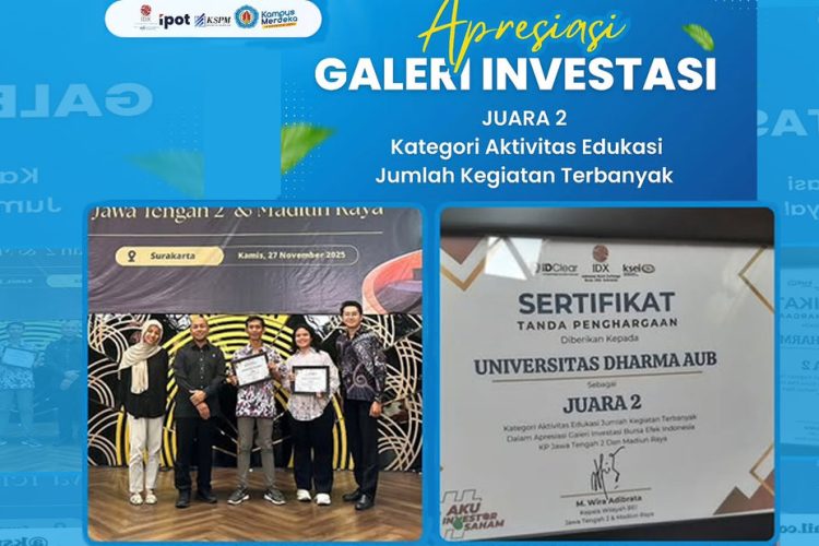Penyerahan penghargaan Juara 2 Kategori Aktivitas Edukasi Galeri Investasi BEI oleh Universitas Dharma AUB Surakarta