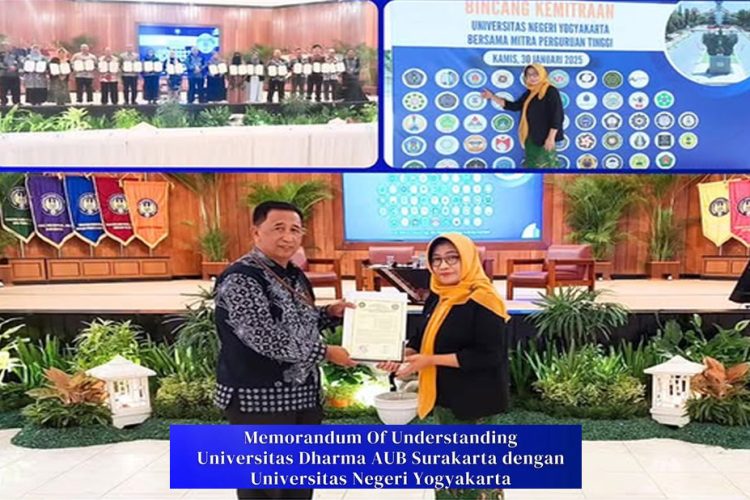 Penandatanganan MoU Kerja Sama Tri Dharma Perguruan Tinggi Universitas Dharma AUB Surakarta dengan Universitas Negeri Yogyakarta UNY